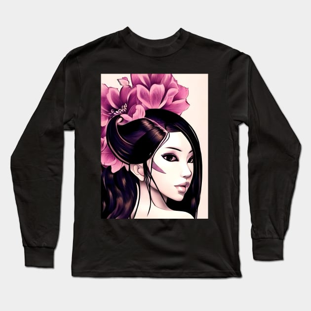 Beautiful Asian Perfect Girl Drawing Long Sleeve T-Shirt by animegirlnft